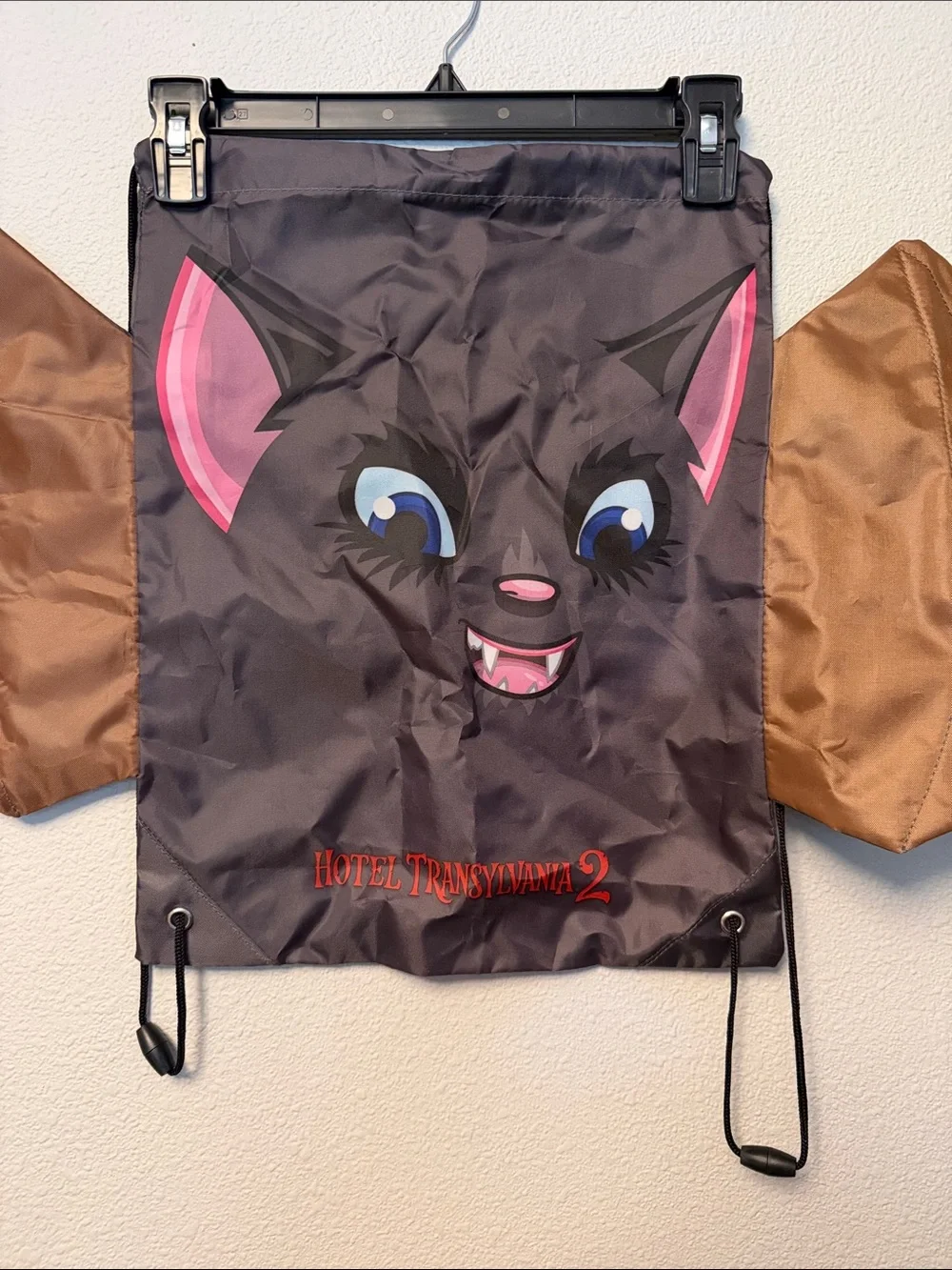 Kids Bat Wing Drawstring Backpack - Brown and Black with Pink Accents